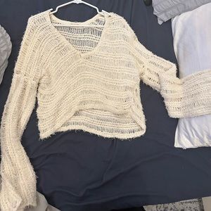 Urban outfitters crochet fringe light sweater bell sleeve v neck Tahiti